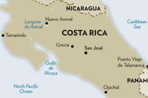 Map showing costa rica towns